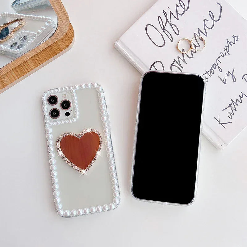 Acrylic Pearl Heart Mirror Rhinestone iPhone Case - Viexta