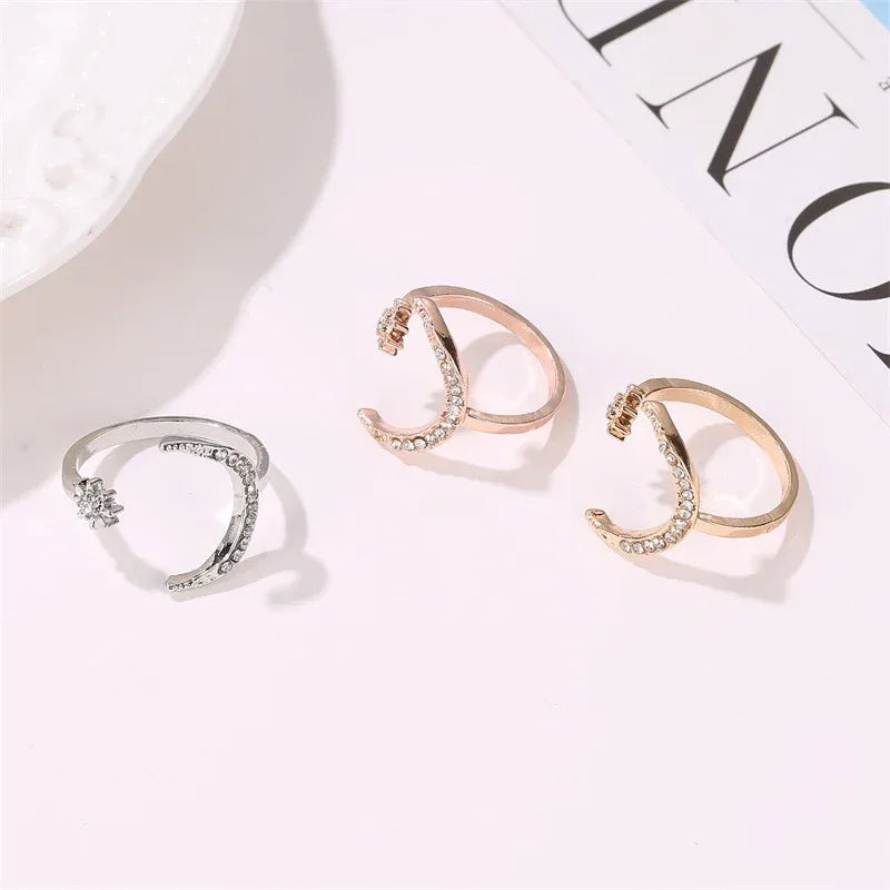 Moon And Star Rhinestone Rings - Viexta