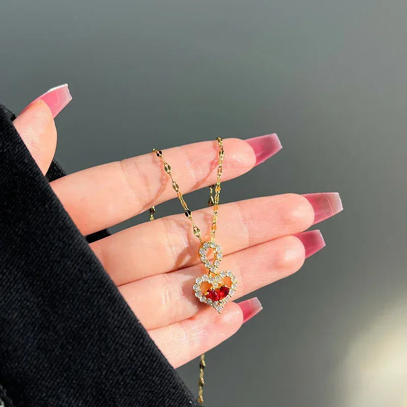 Titanium Steel Ruby Water Drop Necklace - Viexta