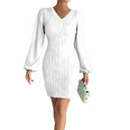 Slimming V-neck Dress Women Fashion Long Sleeve Solid Color Short Dress - Viexta