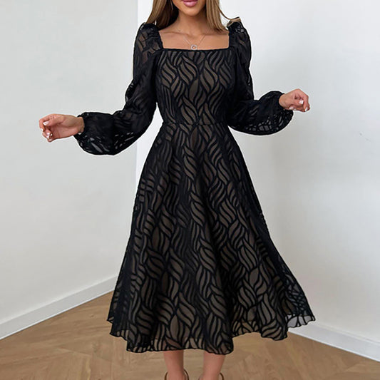 Hollow-out Micro-transparent Jacquard Long Sleeves Dress