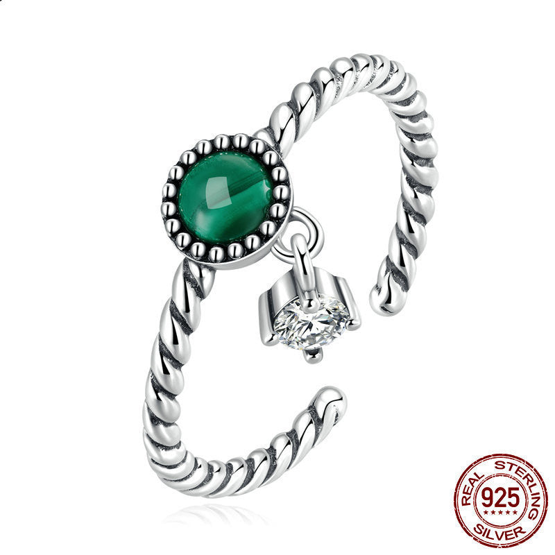 Sterling Silver S925 Malachite Open Ring