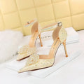 Low-cut Hollow Rhinestone Pearl High Heels - Viexta