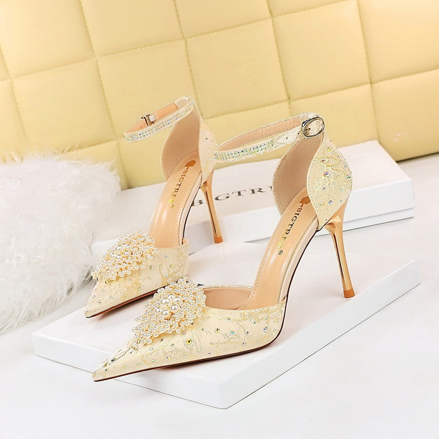 Low-cut Hollow Rhinestone Pearl  High Heels