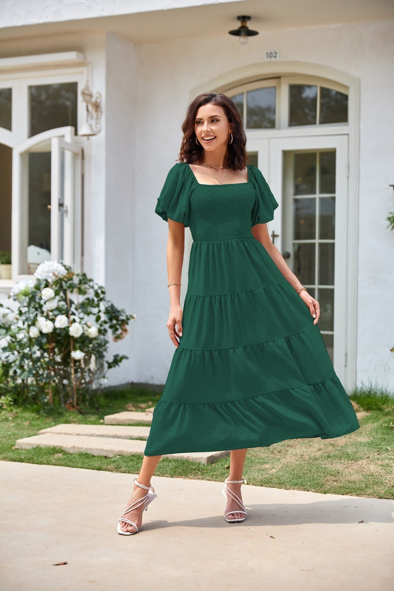 Square Collar Backless Puff Sleeve Dress