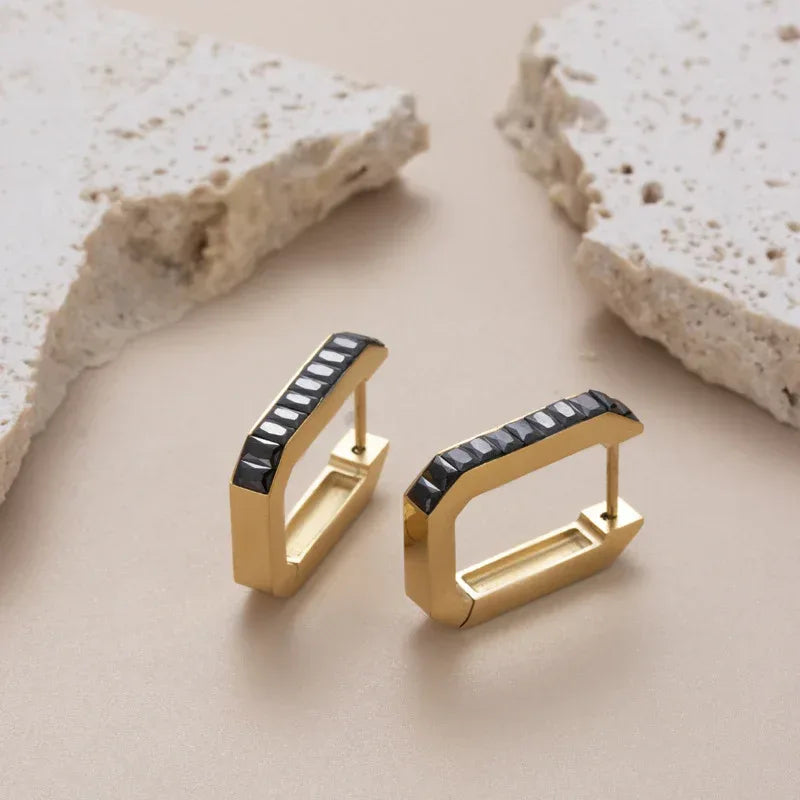 Women's Square Hollow Diamond Titanium Steel Earrings - Viexta
