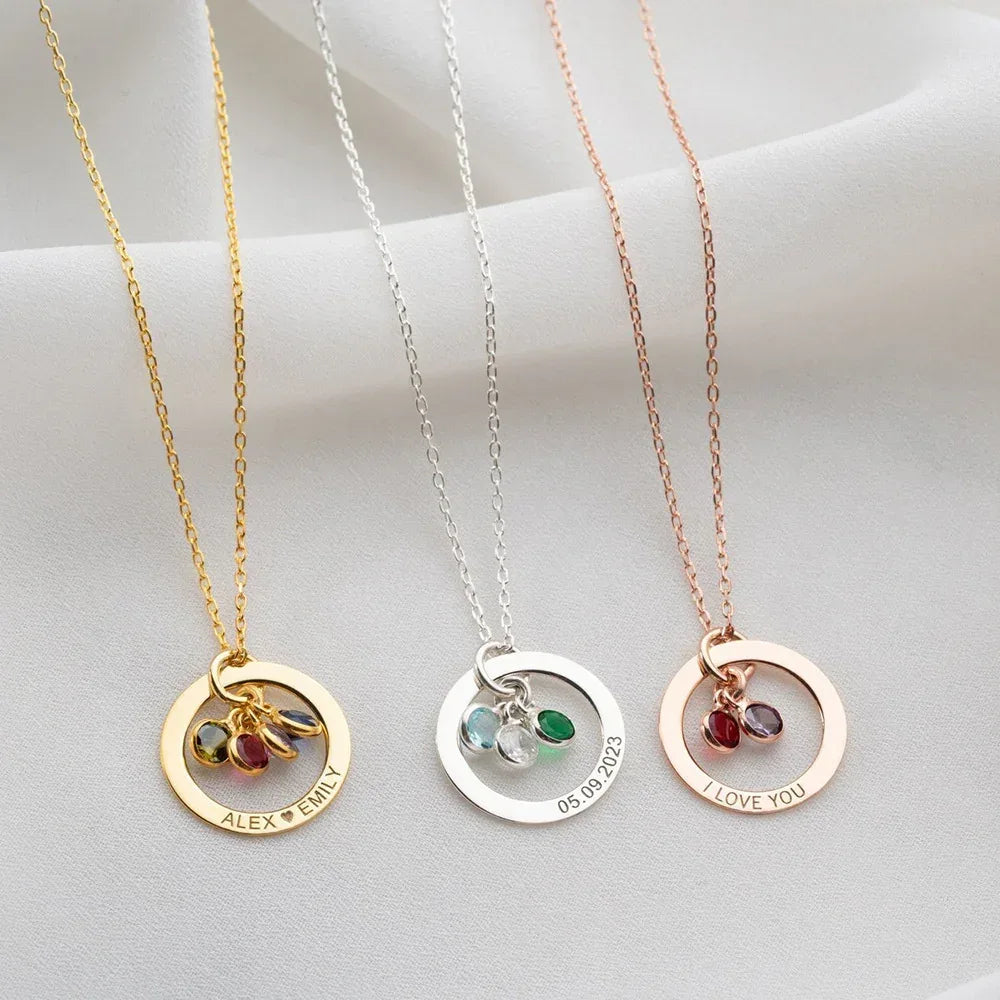 Personalized Engraved Birthstone Circle Necklace - Viexta