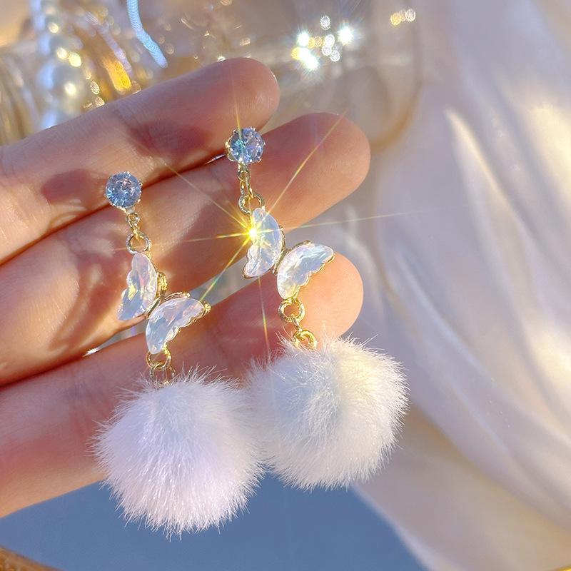 Long Butterfly Fur Ball Tassel Earrings - Viexta