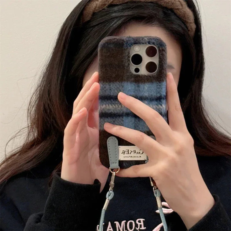 Flannel Contrast Color Check Carrying Strap iPhone Case - Viexta