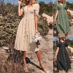 Summer Women's Short Sleeve Solid Color And V-neck A- Line Commuter Dress - Viexta