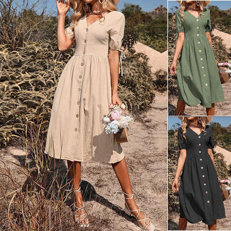 Summer Women's Short Sleeve Solid Color And V-neck A- Line Commuter Dress - Viexta