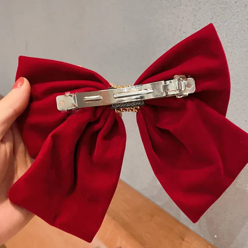 Red Velvet Chain Big Bow Hairpin - Viexta