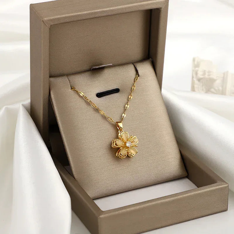 Rotating Opal Five Petal Flower Pendant Necklace - Viexta