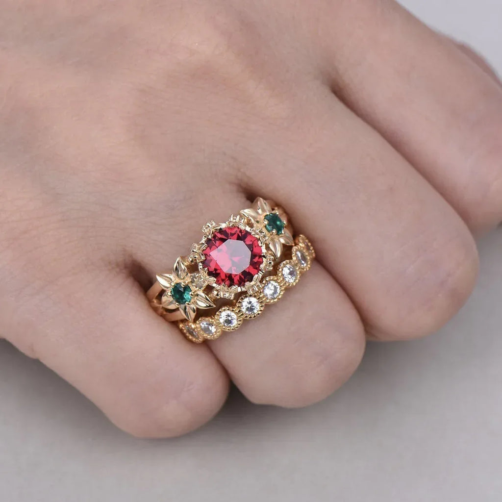Gold-plated Inlaid Red Flower Ring - Viexta