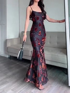Flocked Strappy Maxi Dress - Viexta