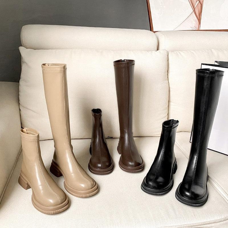 British Round Toe Solid Color Short Boots - Viexta