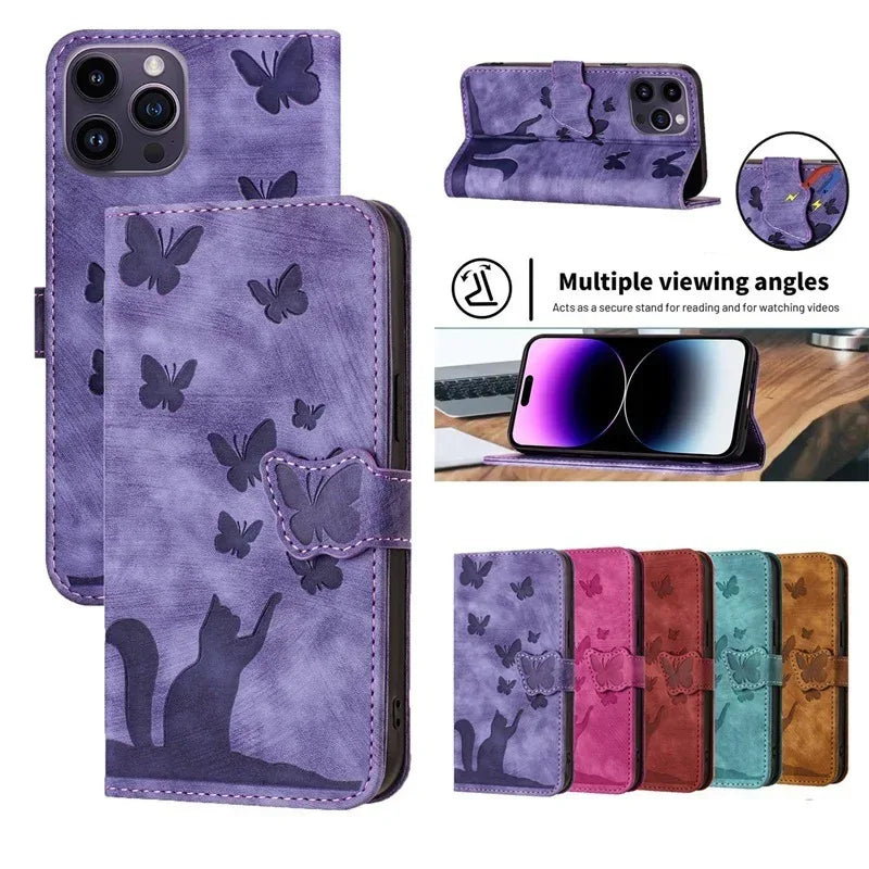 Butterfly Cat Embossed iPhone Leather Case - Viexta
