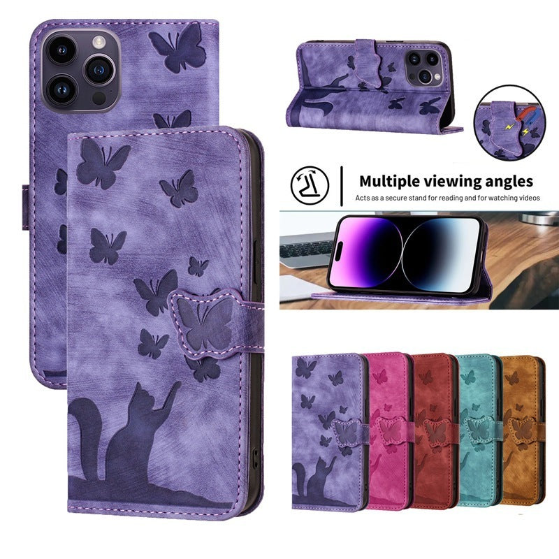 Butterfly Cat Embossed iPhone Leather Case