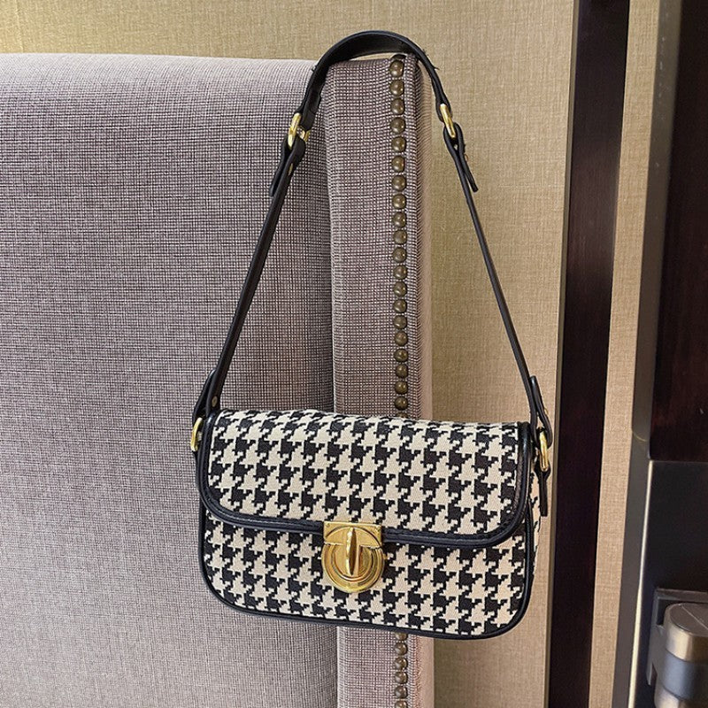 Houndstooth One Shoulder Baguette Bag