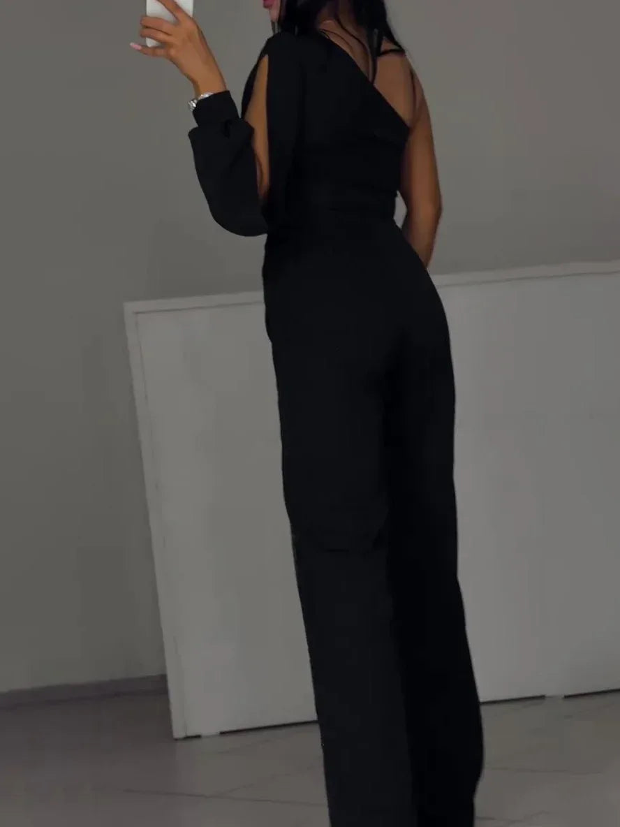 Single Sleeve Patchwork Mesh Jumpsuit - Viexta