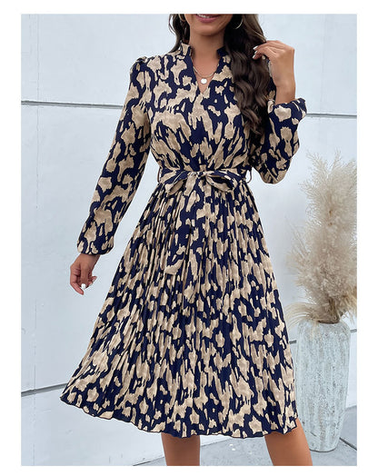 Women's Pleated Print Long Sleeve Dress