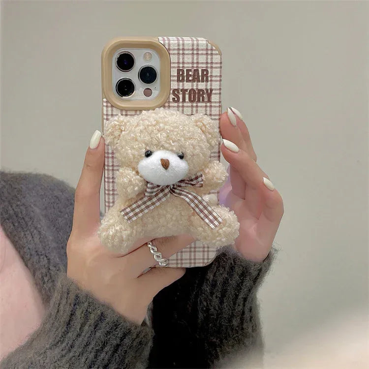 Line Plaid Plush Bear Stand iPhone Case - Viexta