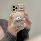 Line Plaid Plush Bear Stand iPhone Case - Viexta