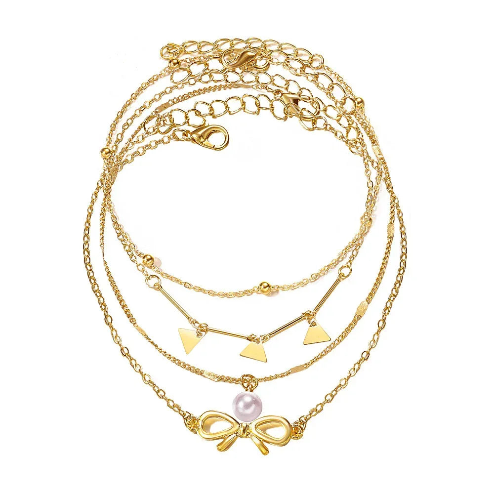 retro-love-butterfly-pearl-multi-layer-anklet-set - Viexta