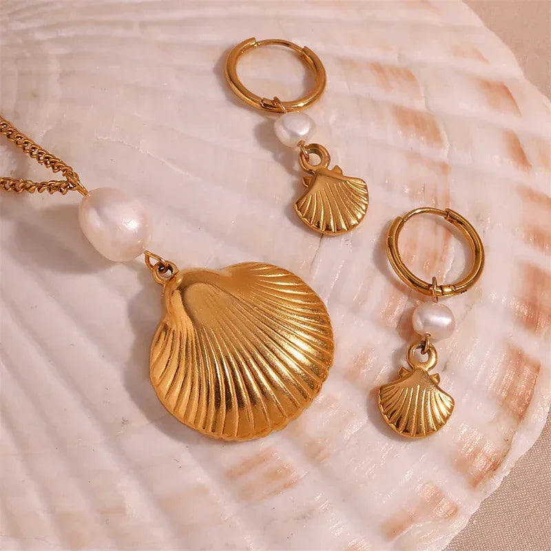 Pearl Shell Earrings And Necklace Set - Viexta