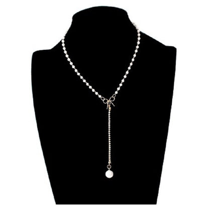 Graceful Bow Long Pearl Tassel Pendant Necklace