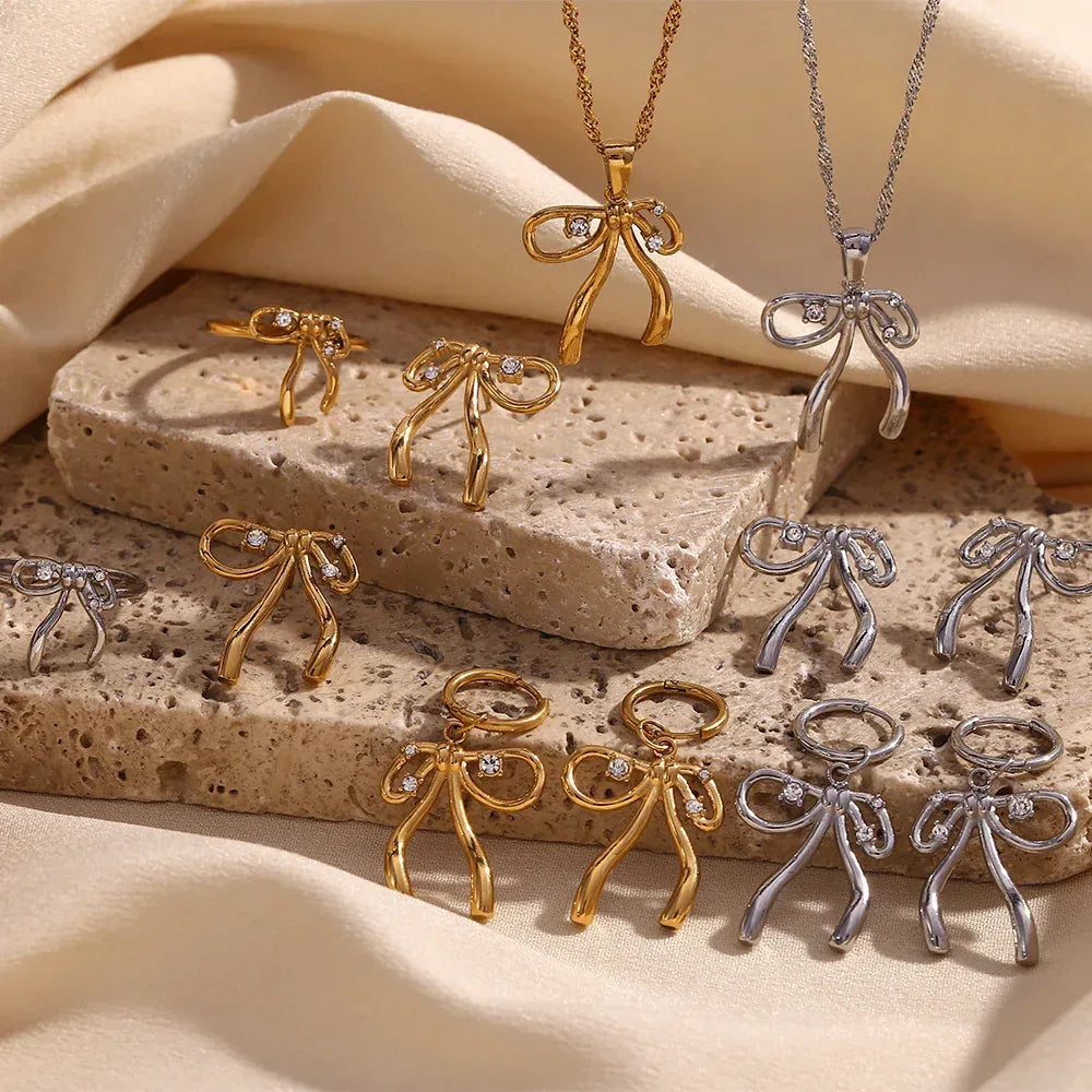Stainless Steel 18K Gold Plating Rhinestone Bow Pendant Earring Ring - Viexta