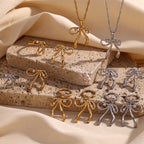 Stainless Steel 18K Gold Plating Rhinestone Bow Pendant Earring Ring