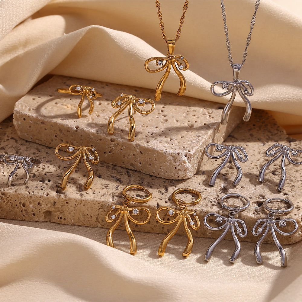 Stainless Steel 18K Gold Plating Rhinestone Bow Pendant Earring Ring