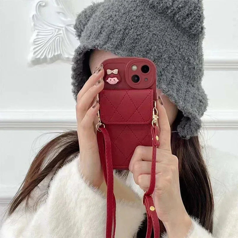 Red Crossbody Card Holder With Lanyard iPhone Case - Viexta
