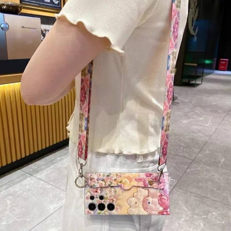 Blue Light Rhinestone Oil Painting Flower Wristband iPhone Case