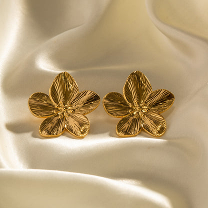 Matte Retro Gold Stainless Steel Flower Stud Earrings