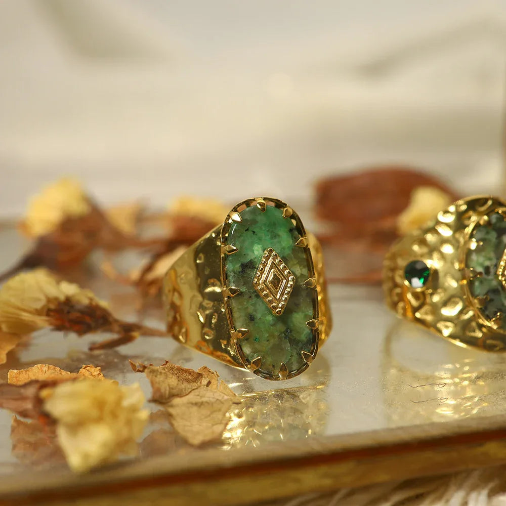 18k Gold Natural Stone Titanium Steel Ring