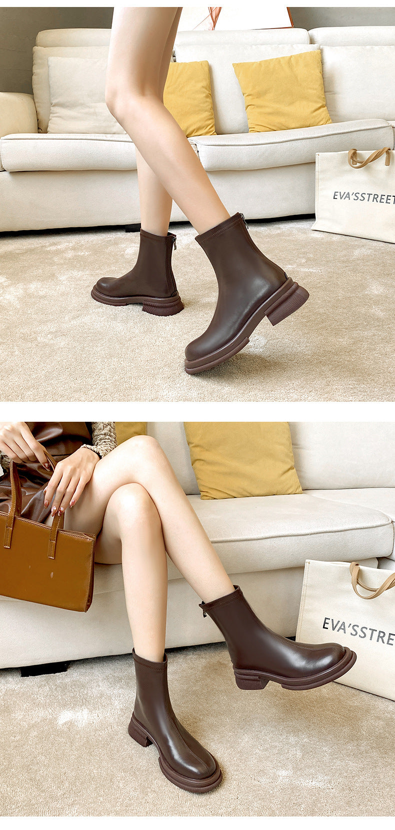 British Round Toe Solid Color Short Boots