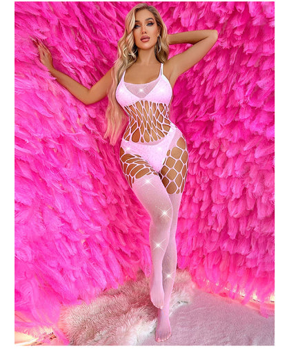 Hollow Hook Mesh Hot Rhinestone One-piece Sexy Lingerie