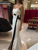 Strapless Black And White Contrasting Slit Dress - Viexta