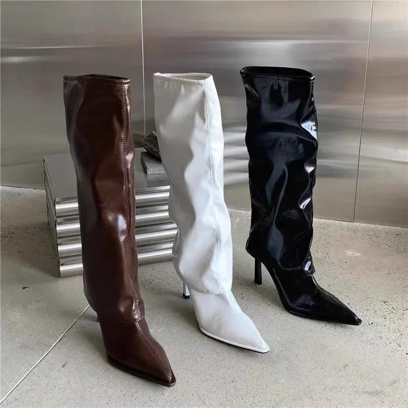 Patent Leather Pointed Toe Pantyhose Boots - Viexta