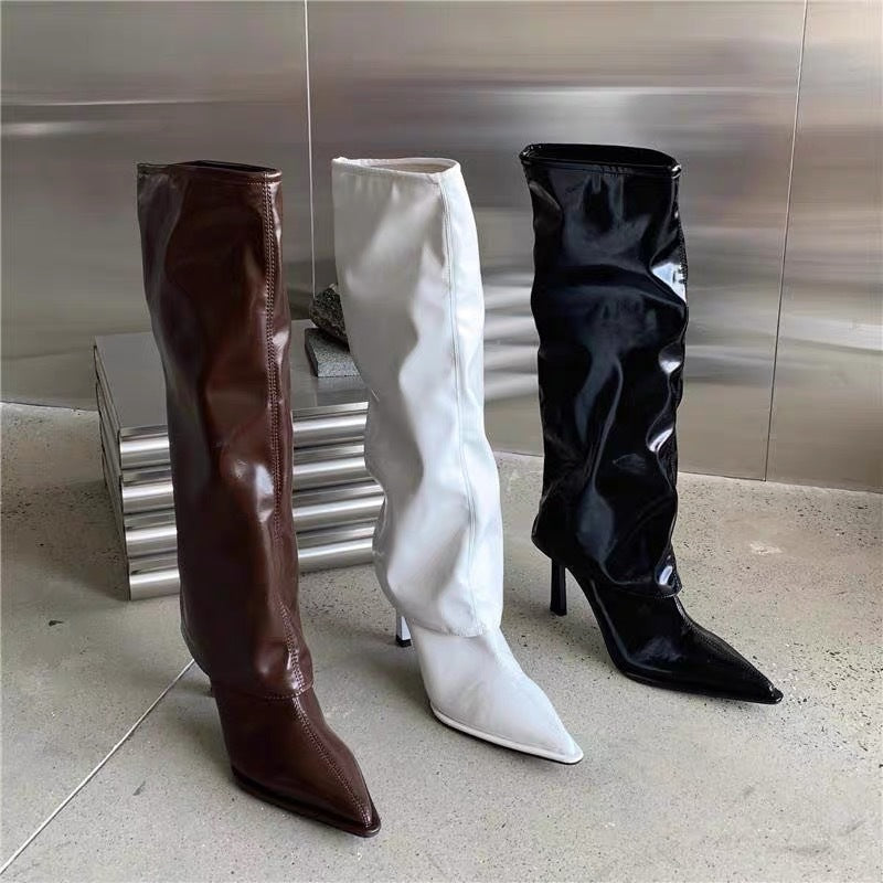 Patent Leather Pointed Toe Pantyhose Boots