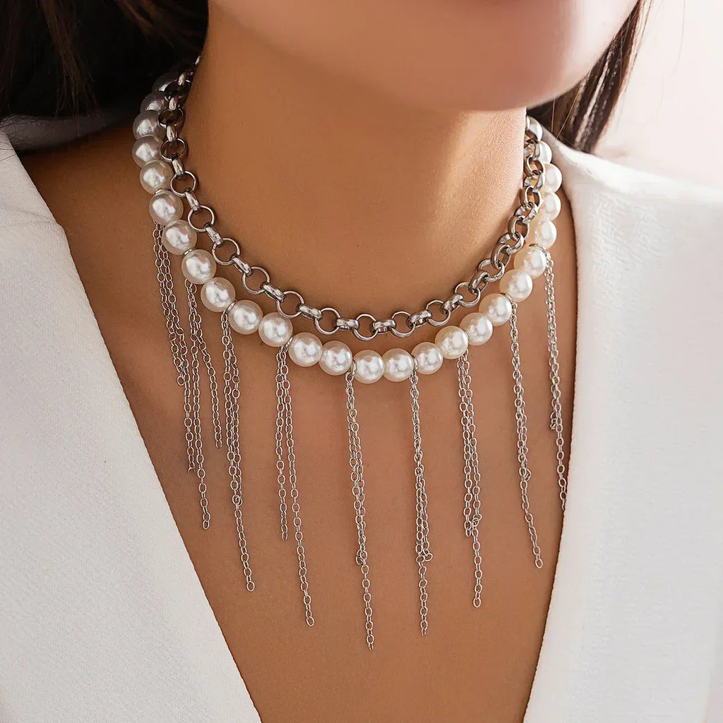 pearl-tassel-double-layer-retro-necklace - Viexta