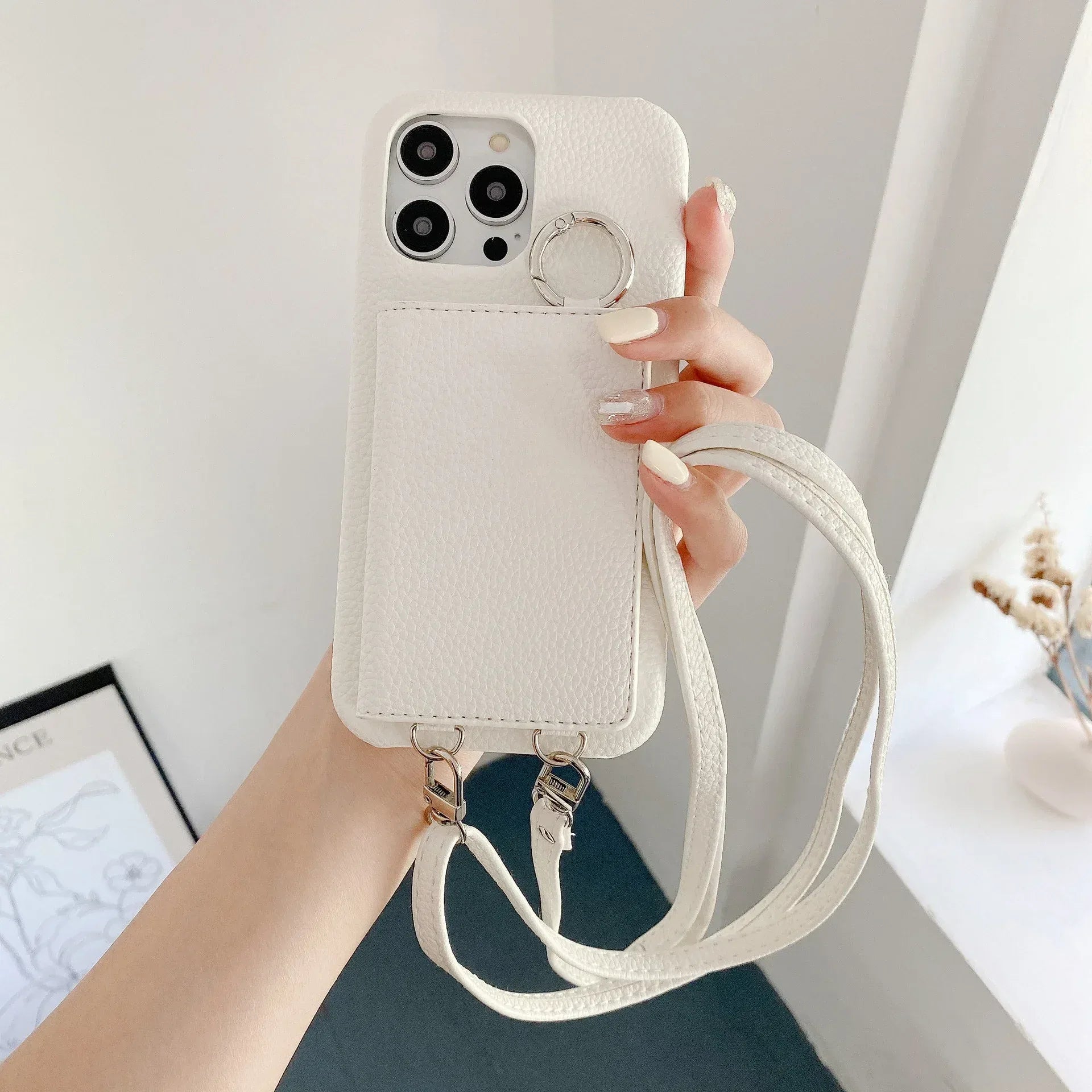 Lychee Pattern Mirror Lanyard iPhone Case - Viexta