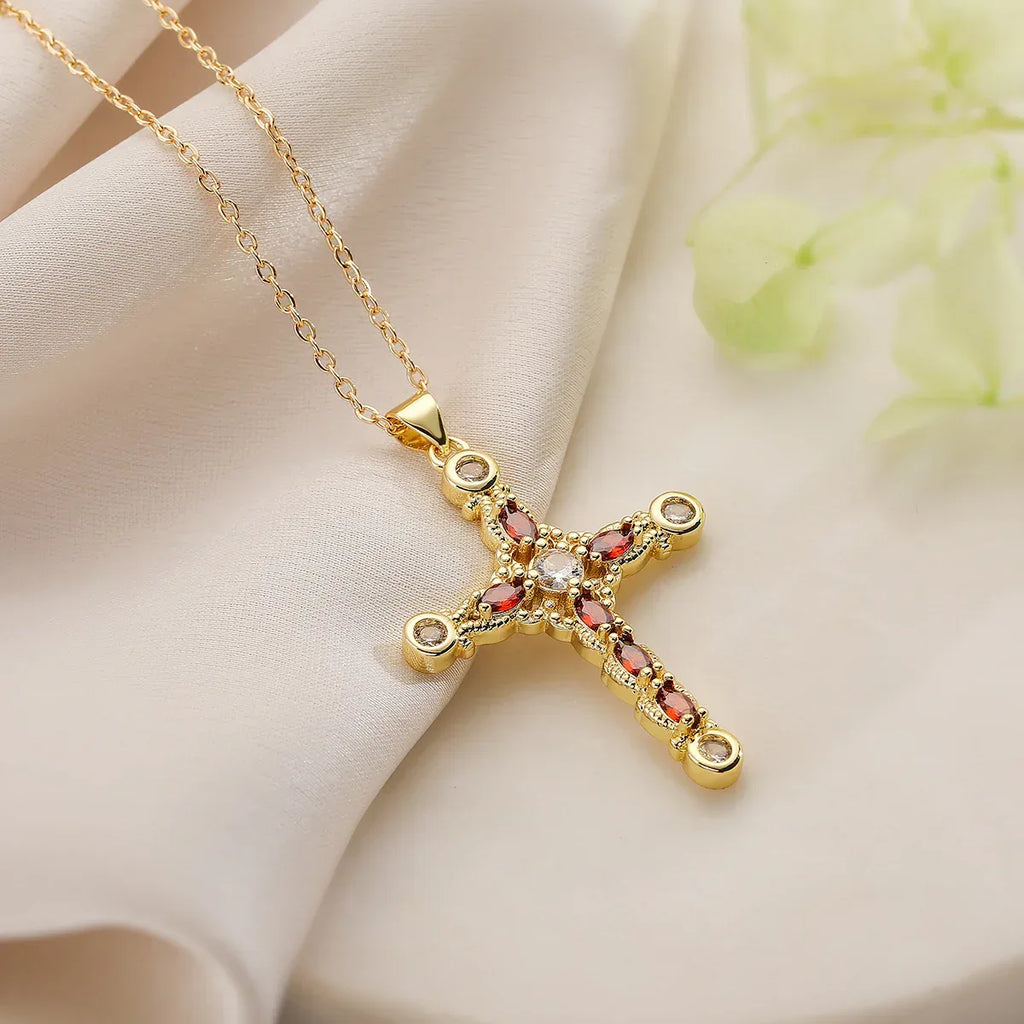 affordable-luxuryplated-real-gold-zircon-cross-pendant-necklace - Viexta