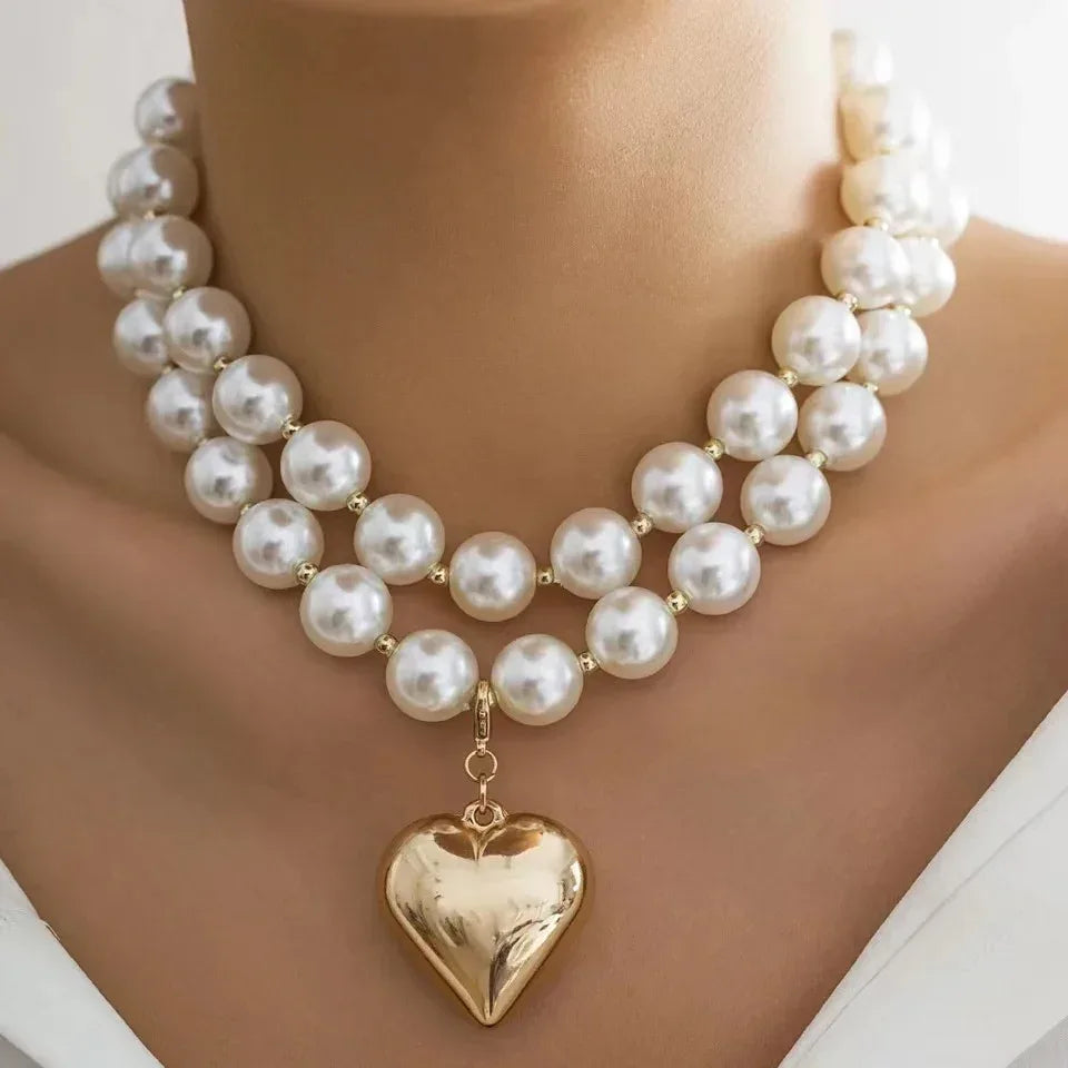 Layered Pearl Neckwear Heart Chain - Viexta