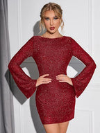 Long Sleeve Short Dress Women Sparkling Sequin Backless Lace Up Bodycon Dress For Party Wedding Club - Viexta