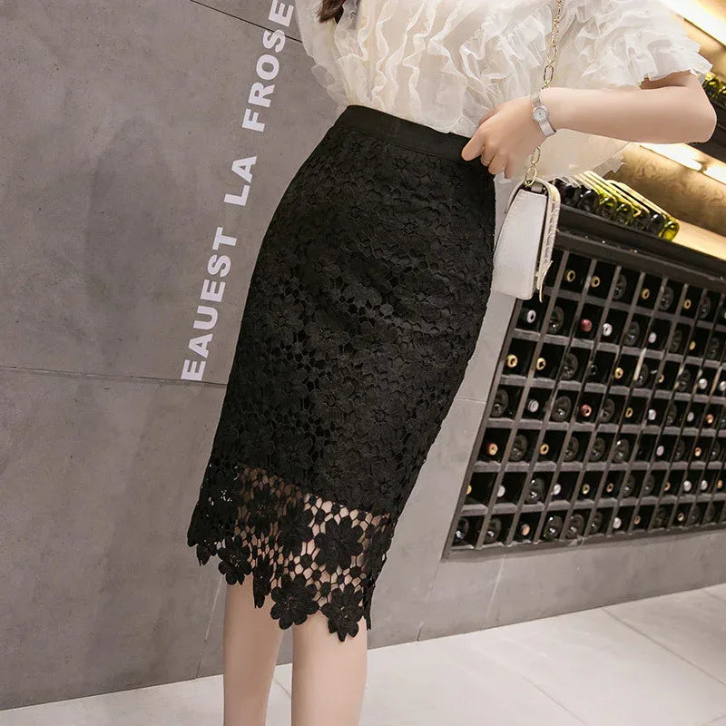High Waist Crocheted Hollow Slit Sheath Skirt - Viexta