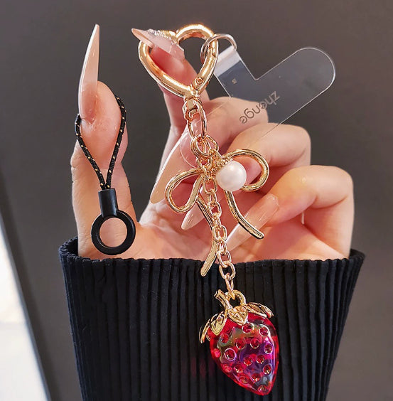 Versatile Transparent Strawberry Phone Charmkeychain