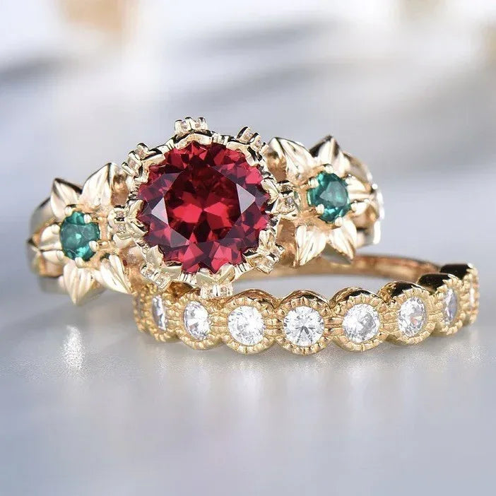 Gold-plated Inlaid Red Flower Ring - Viexta